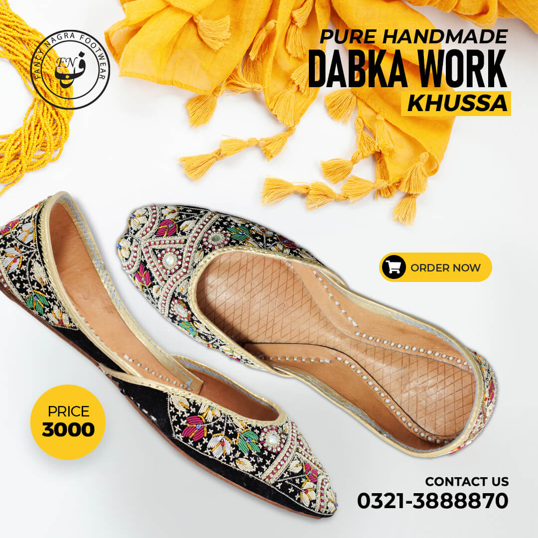 Art # 168 Ladies Hand Made Khussa – Fancy Nagra – Contrast Dabka Work – Leather Sole