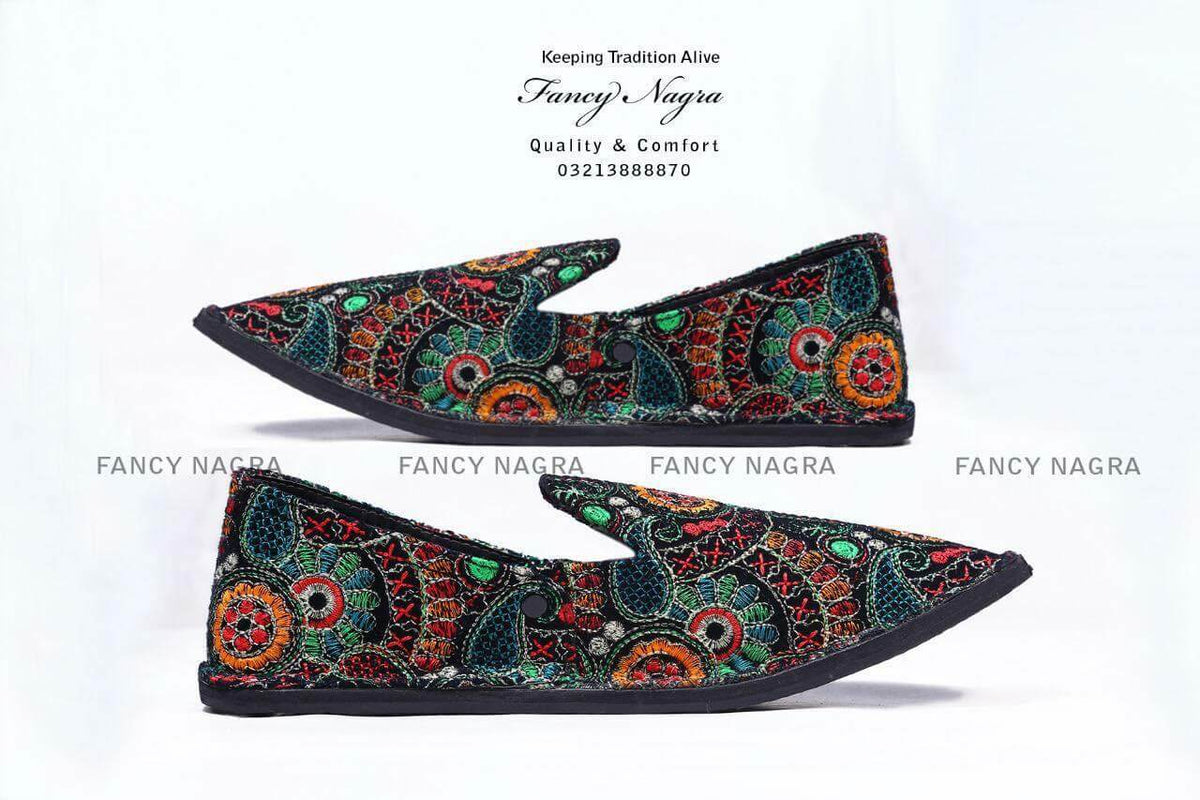Art # 160 Cut Shoes Handmade -Black  and Multi Embroidered– Thick Sole – Gents