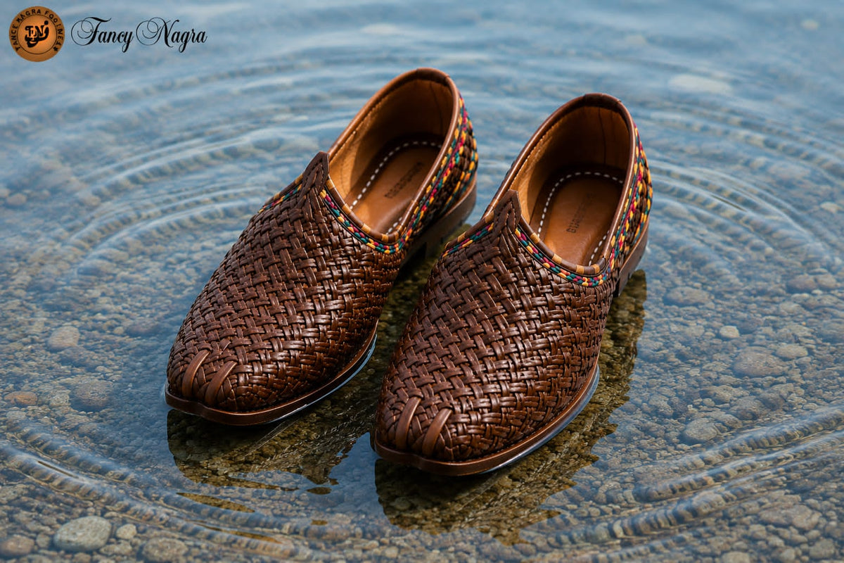 Handmade Leather Brown Braided Nagra Shoes